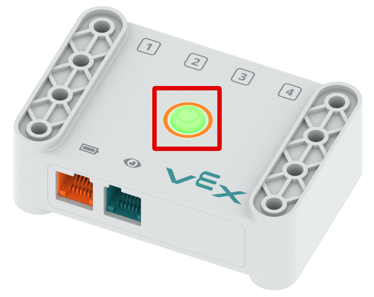Cervello con il pulsante di accensione evidenziato in un riquadro rosso e che si illumina di verde per indicare che il cervello è acceso.