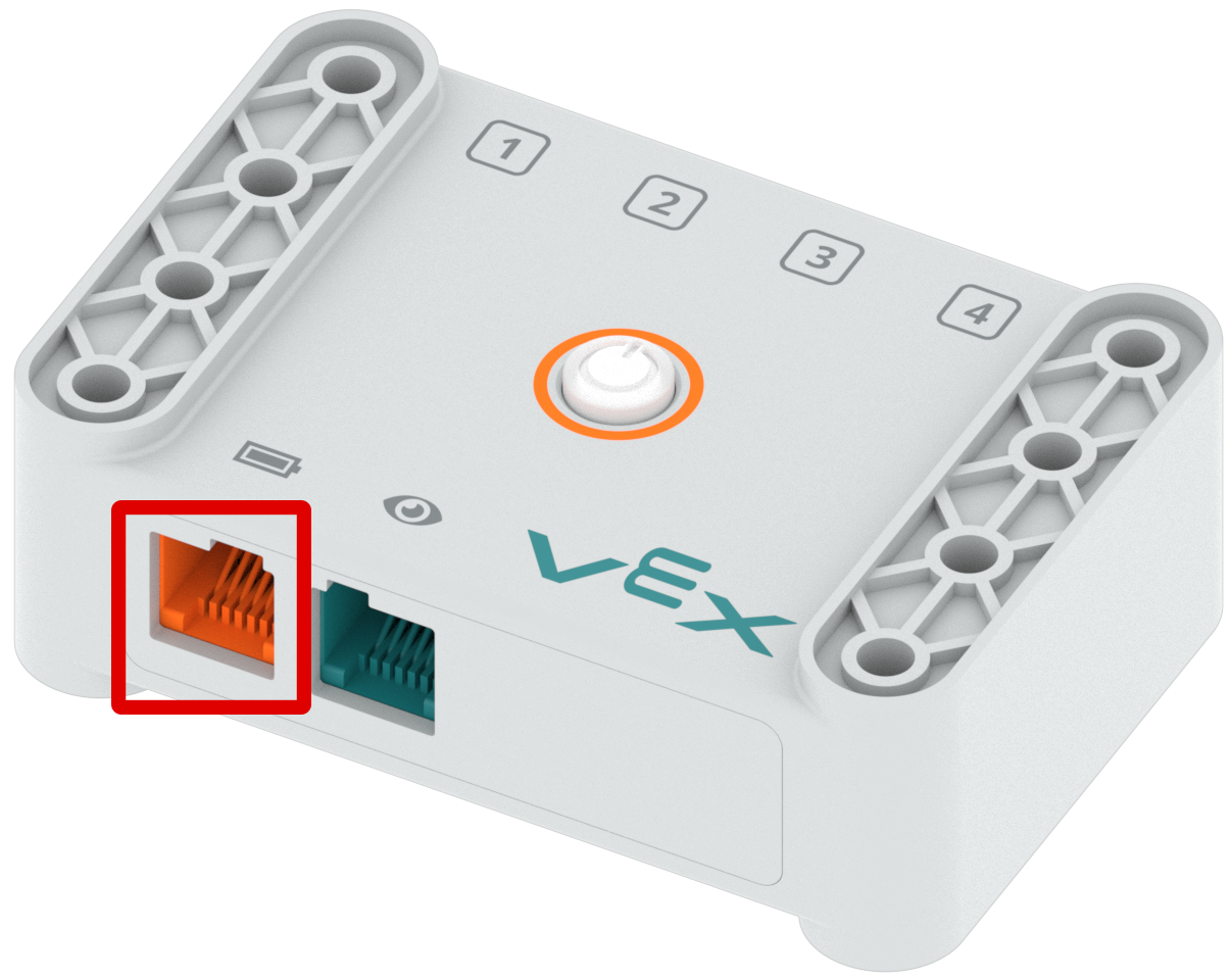 Cerveau avec son port de batterie orange mis en évidence dans un cadre rouge.