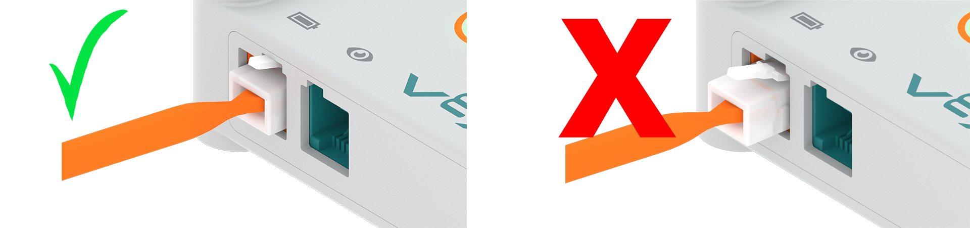 Sơ đồ hai bộ não có cáp pin được cắm vào cổng pin để cấp nguồn cho chúng. Bên trái, Cáp ắc quy được cắm hoàn toàn và có dấu kiểm màu xanh lá cây, trong khi bên phải, Cáp ắc quy chỉ được cắm một phần và có dấu X màu đỏ.