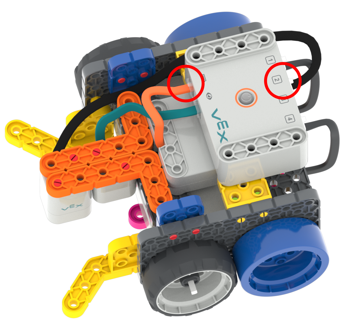 Schema van een Code Base-robot met een apparaatkabel van een elektromagneet die is aangesloten op een slimme poort in de hersenen. De batterijkabel is ook aangesloten op de batterijpoort aan de andere kant van de Brain. De gebruikte poorten worden gemarkeerd met rode cirkels.