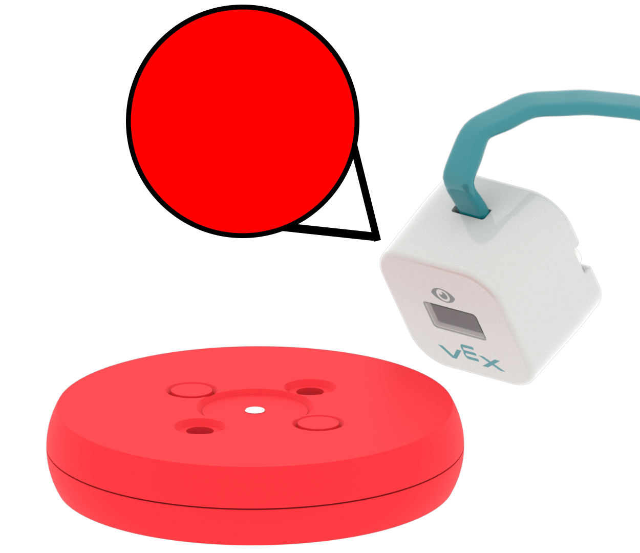 Diagrama de un sensor ocular que apunta hacia un disco rojo e informa del color rojo.