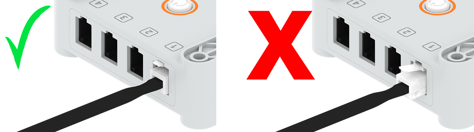 스마트 포트에 장치 케이블이 꽂힌 두 개의 Brain을 나타낸 다이어그램입니다. 왼쪽은 장치 케이블이 완전히 꽂혀 있고 녹색 확인 표시가 있는 반면, 오른쪽은 장치 케이블이 부분적으로만 꽂혀 있고 빨간색 X 표시가 있습니다.