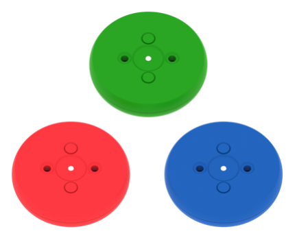 A VEX GO Kitben található összes színes lemezdarab diagramja. A színek közé tartozik a piros, a zöld és a kék.