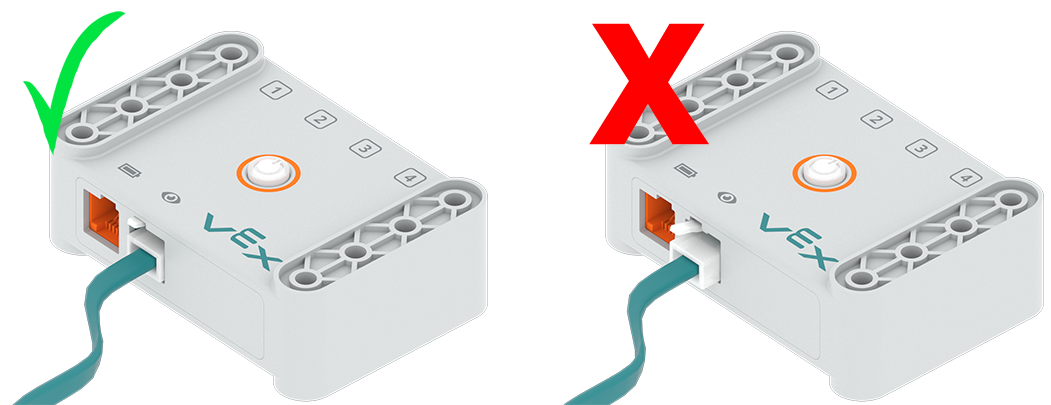 Diagrama de dos cerebros con cables de sensores oculares conectados a sus puertos de sensores oculares. A la izquierda, el cable del sensor ocular está completamente enchufado y hay una marca de verificación verde, mientras que a la derecha, el cable del sensor ocular solo está enchufado parcialmente y hay una X roja.