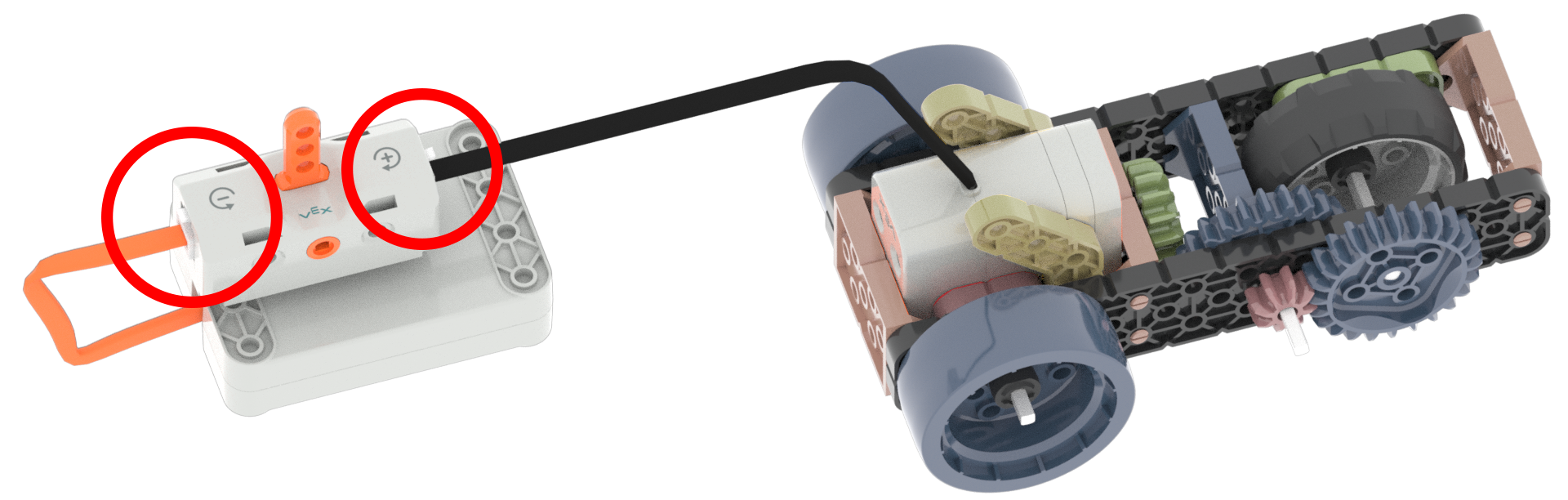 Diagramm eines Schalterteils mit einem Motorkabel und einem Batteriekabel, die in die jeweiligen Anschlüsse eingesteckt sind. Die verwendeten Ports sind in roten Kreisen hervorgehoben.