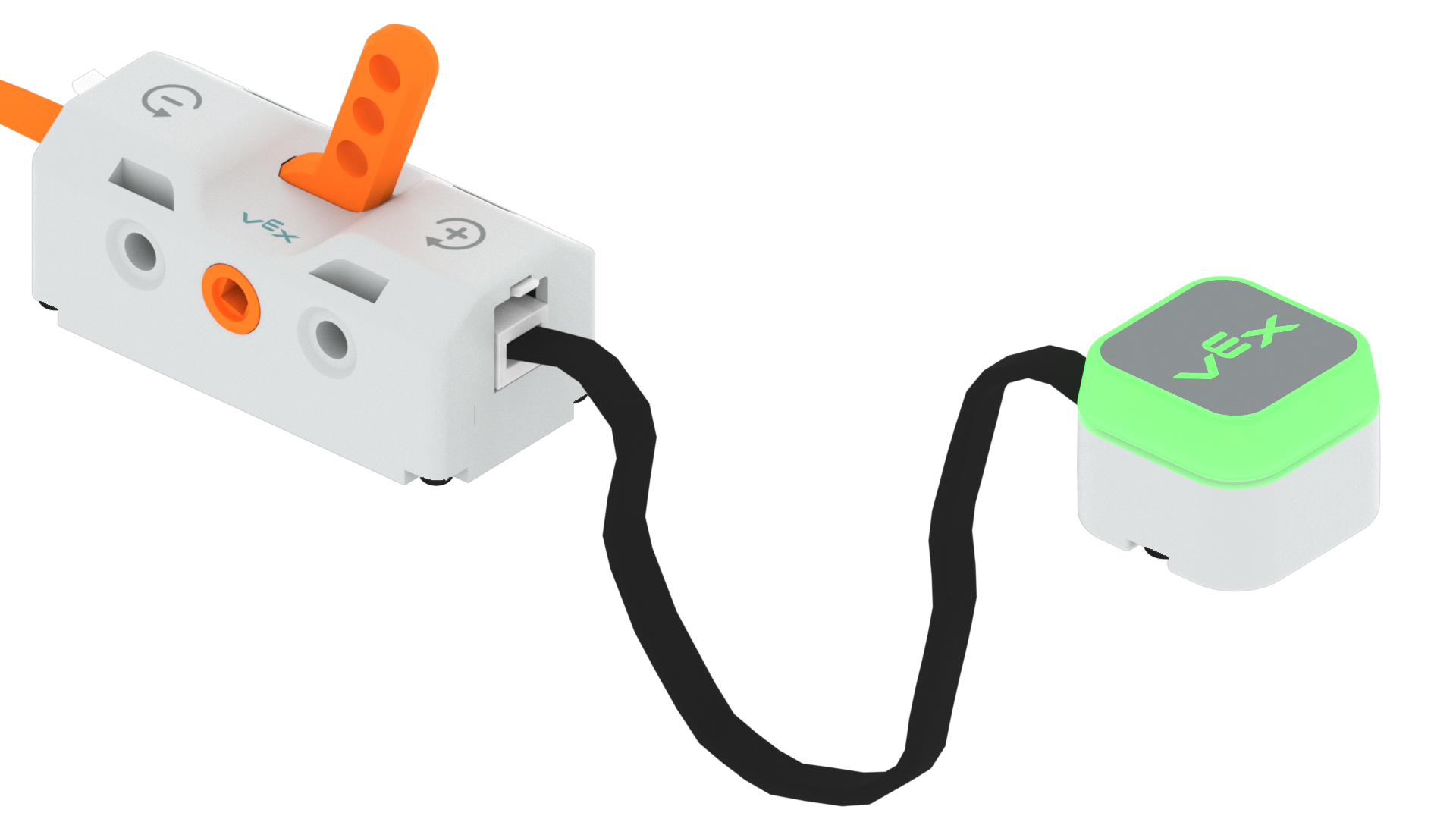 Schakelstuk met de hendel in de vooruitstand, gemarkeerd met een plusteken. De aangesloten LED-bumper brandt groen.