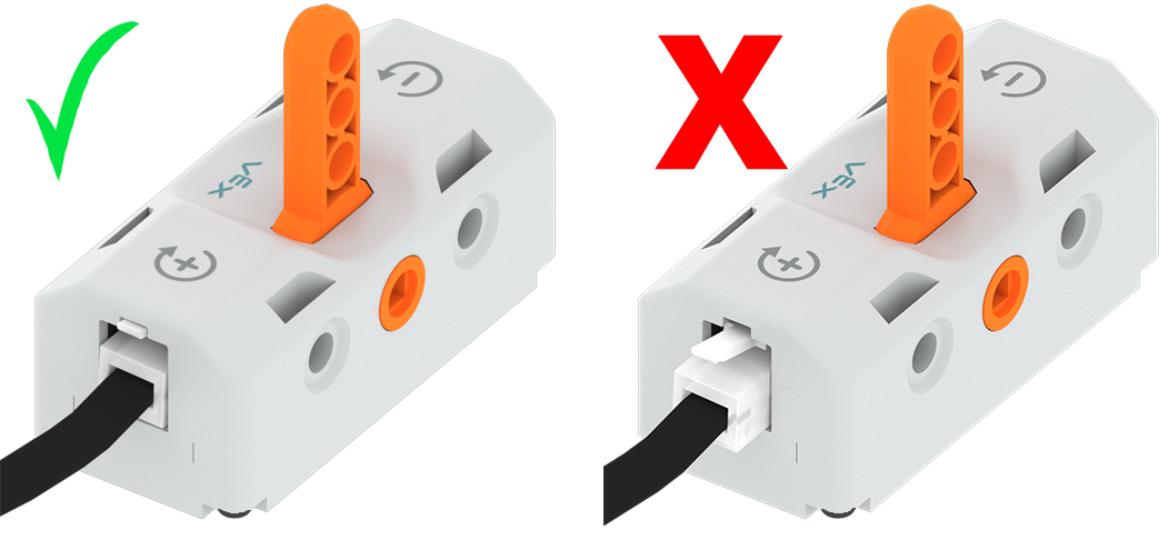 Diagrama de duas peças de switch com cabos LED ligados nas suas portas inteligentes. À esquerda, o cabo do LED Bumper está totalmente ligado e existe uma marca de verificação verde, enquanto que à direita, o cabo do LED Bumper está apenas parcialmente ligado e existe um X vermelho.