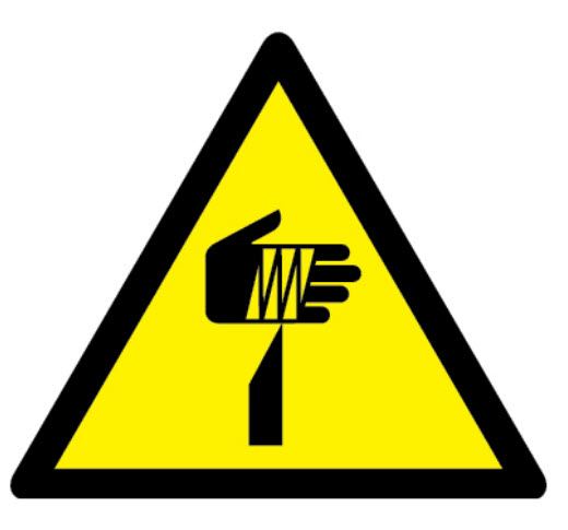 Gelbes Gefahrensymbol mit der Darstellung einer Hand, die an einer scharfen Kante verletzt wird.