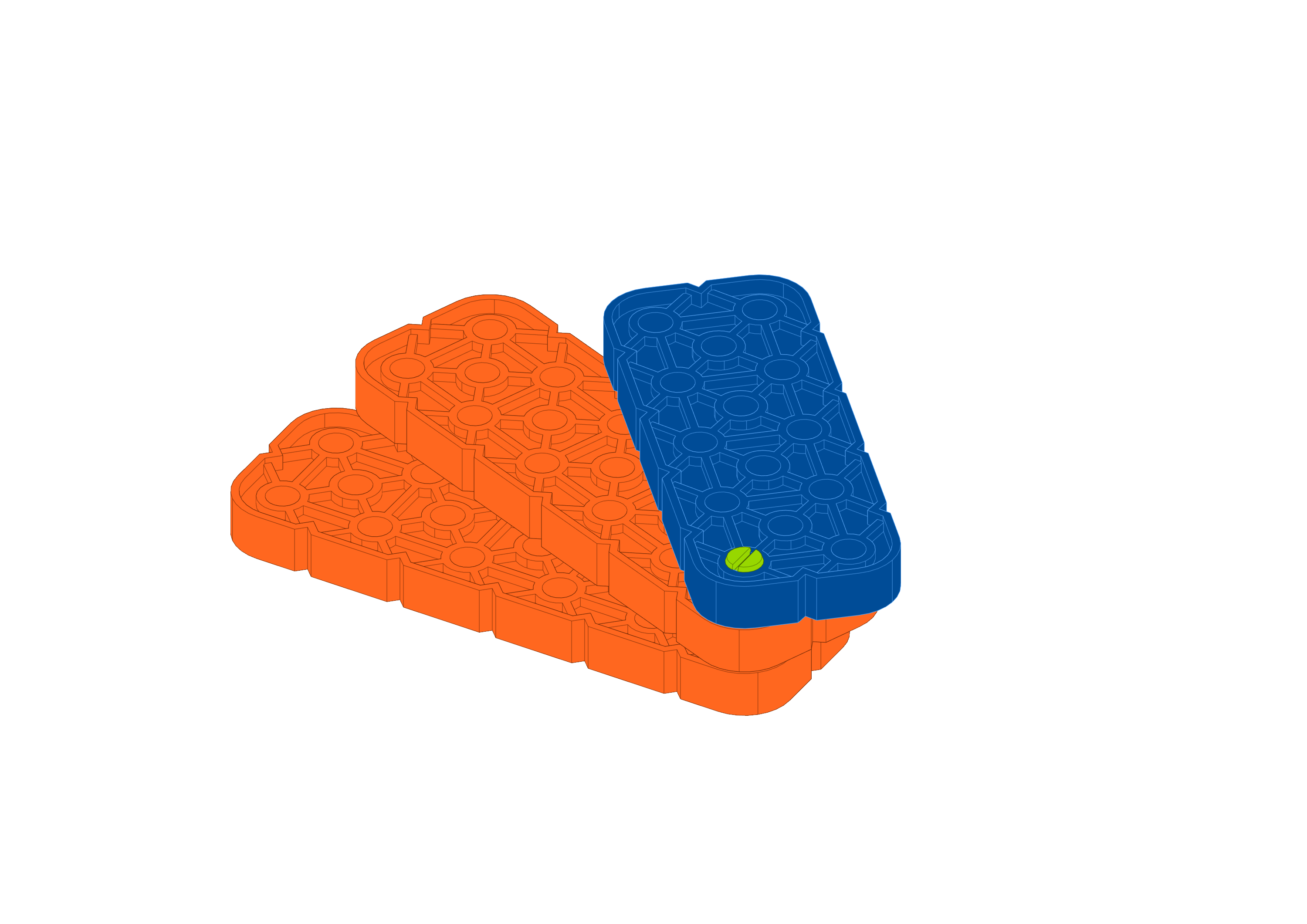 ثلاث قطع شعاع كبيرة متصلة جميعها بدبوس أخضر واحد.