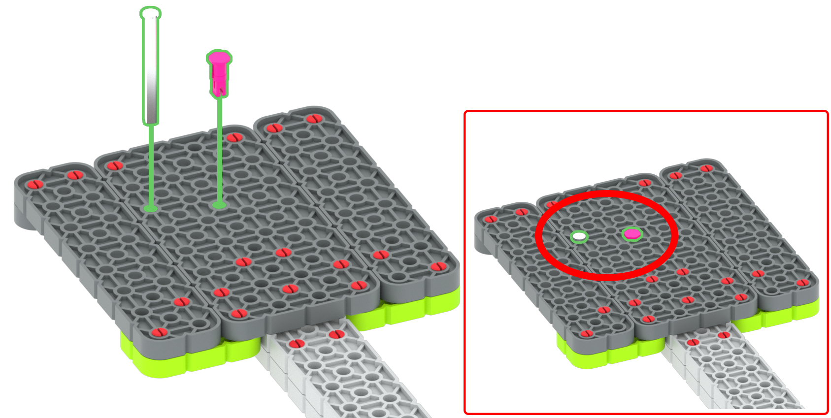 Diagram dat laat zien hoe een afgedekte schacht en een roze pin in een bouwwerk worden geplaatst. Er wordt getoond dat ze er niet volledig doorheen kunnen.