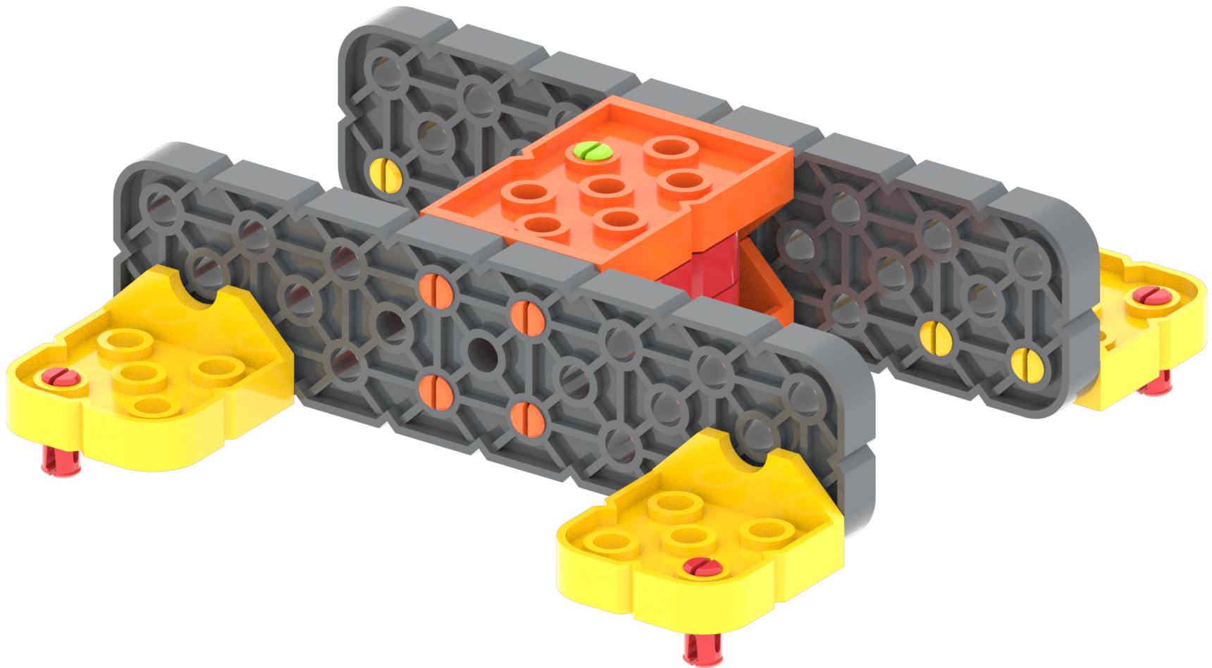 Schema van een symmetrische VEX GO-constructie, waarbij dezelfde onderdelen aan beide kanten dezelfde kleur hebben, zodat elke kant gelijk is.