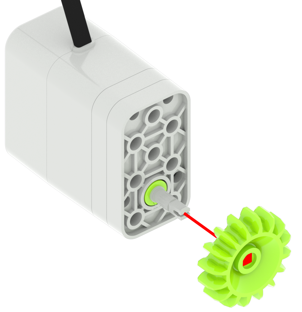 Pièce de moteur avec une broche grise connectée et une pièce d'engrenage verte placée sur la broche grise.