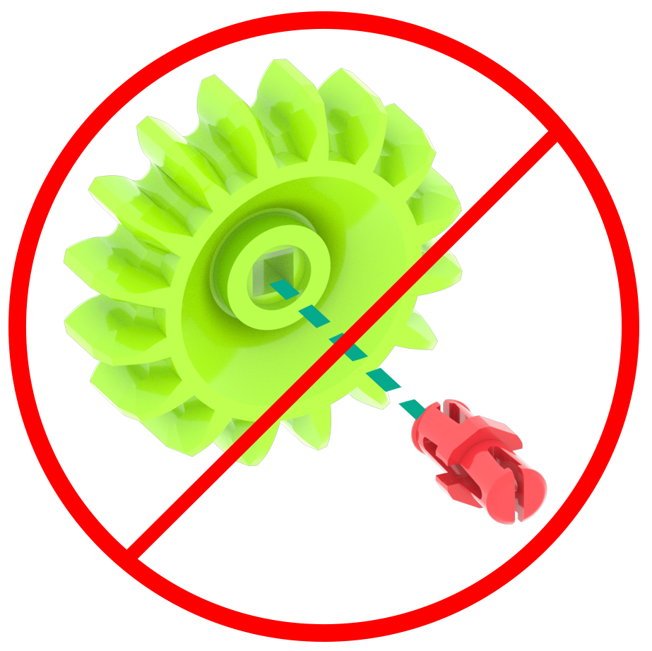 Une broche rouge est placée dans un engrenage vert et un cercle d'erreur rouge indique que cela ne s'adaptera pas.