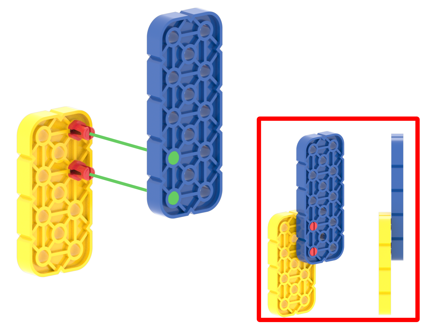 Deux grandes pièces de poutre reliées par deux broches rouges partagées.