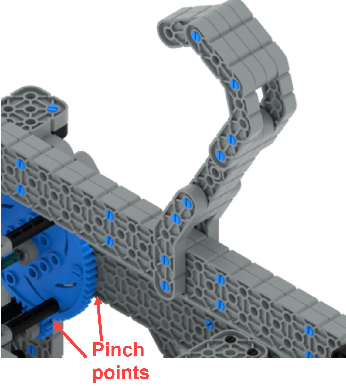 Diagrama de uma construção de QI com uma peça de engrenagem perto de duas peças de placa. Os cantos onde as peças da engrenagem e da placa se encontram estão destacados e rotulados como pontos de aperto.