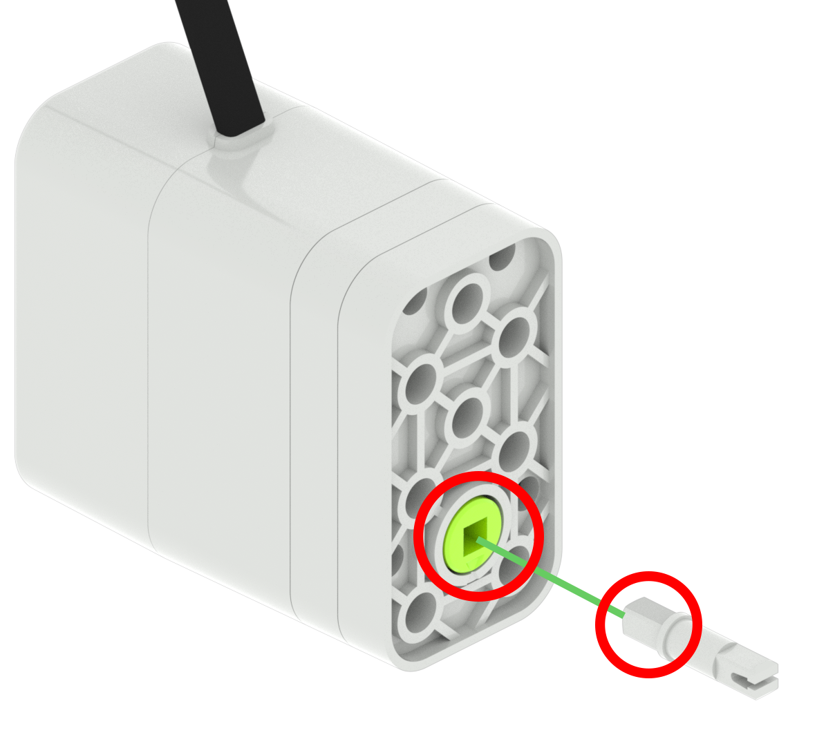 VEX GO キットのモーター部品。灰色のピンが四角い穴に配置され、ピンの四角い形状が強調表示されています。