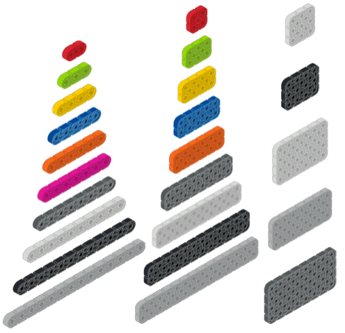 Diagrama de todas las piezas de viga y placa en el kit VEX GO.