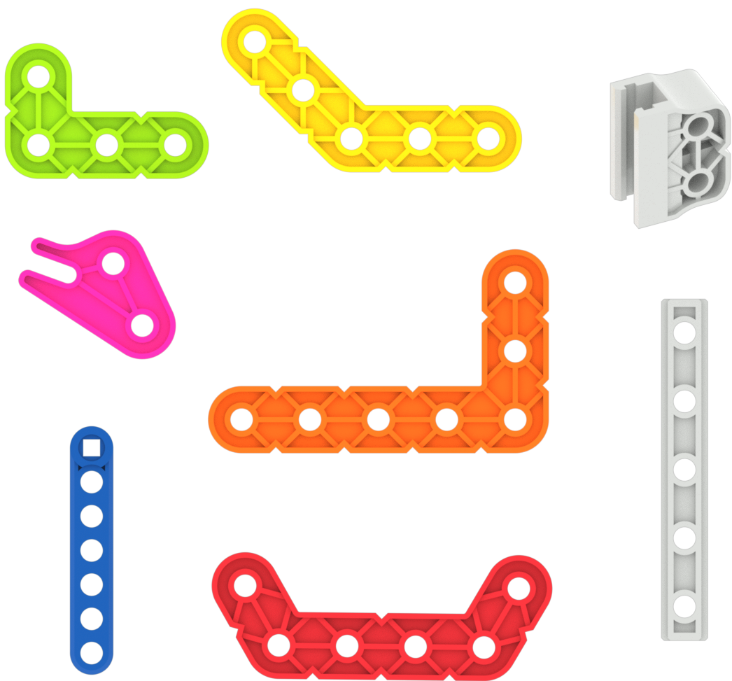 Diagrama de todas las piezas únicas de viga y viga angular en el kit VEX GO.