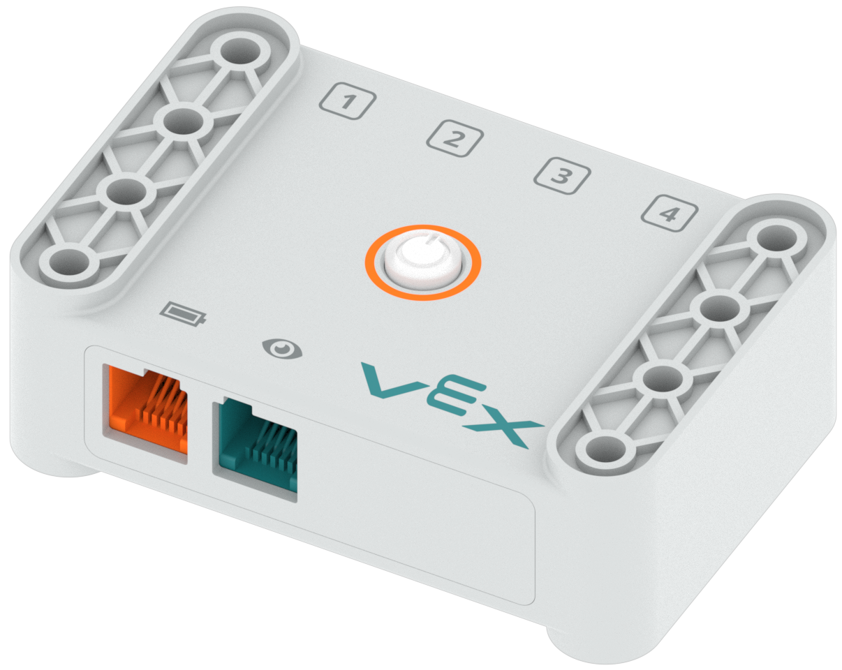VEX GO Brain з кнопкою живлення, роз’ємом для батареї, роз’ємом для датчика ока та 4 розумними портами.