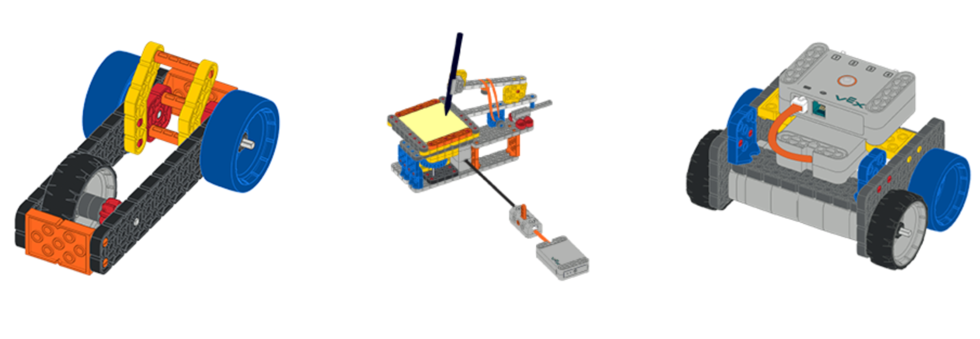 Diagram van drie builds. Van links naar rechts ziet u een niet-aangedreven superauto, een spirograaf en een codebasis.