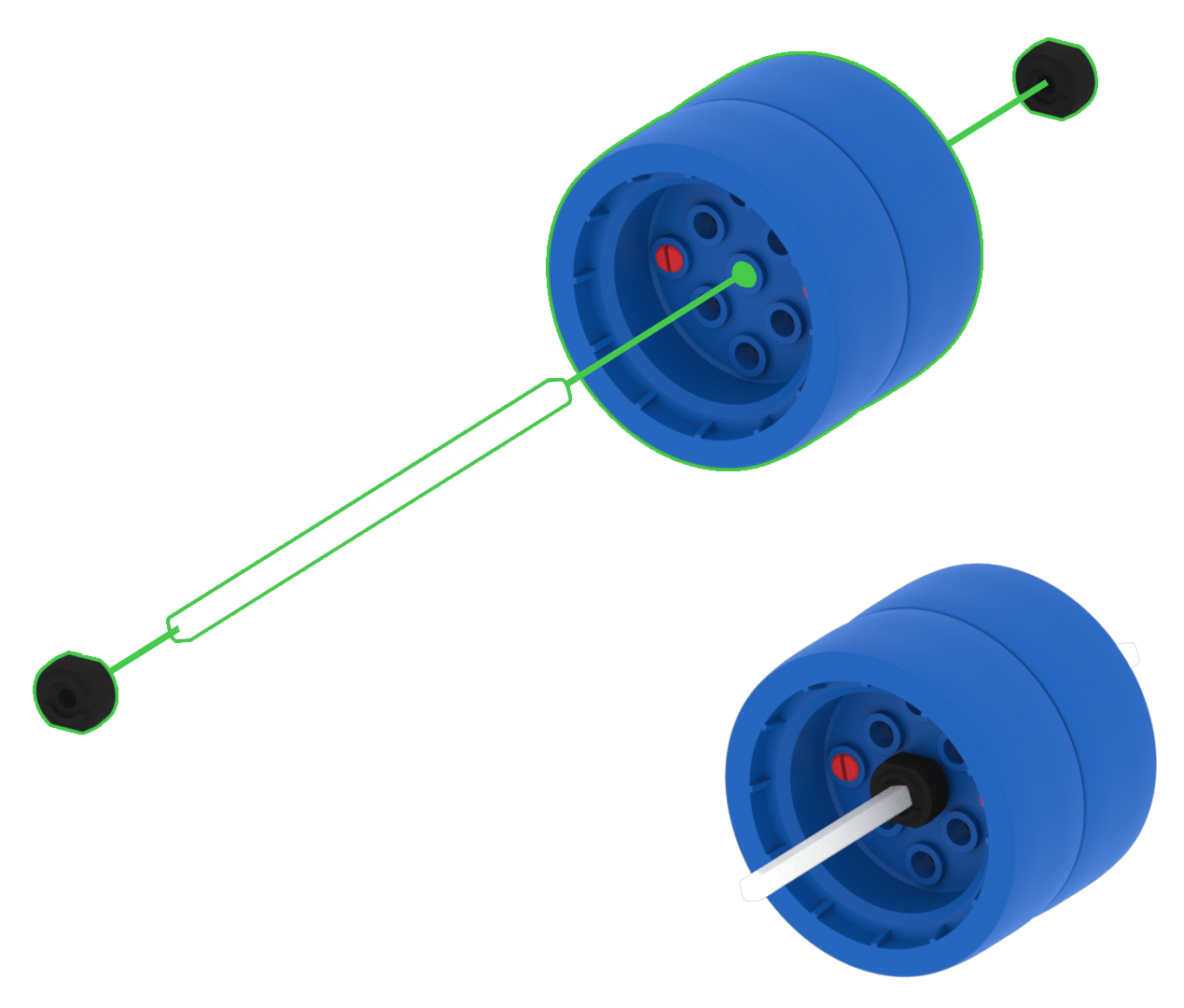 Een bouwinstructie voor een rampracer met twee blauwe wielen die aan een metalen as zijn bevestigd, met twee asringen om de wielen op hun plaats te houden.