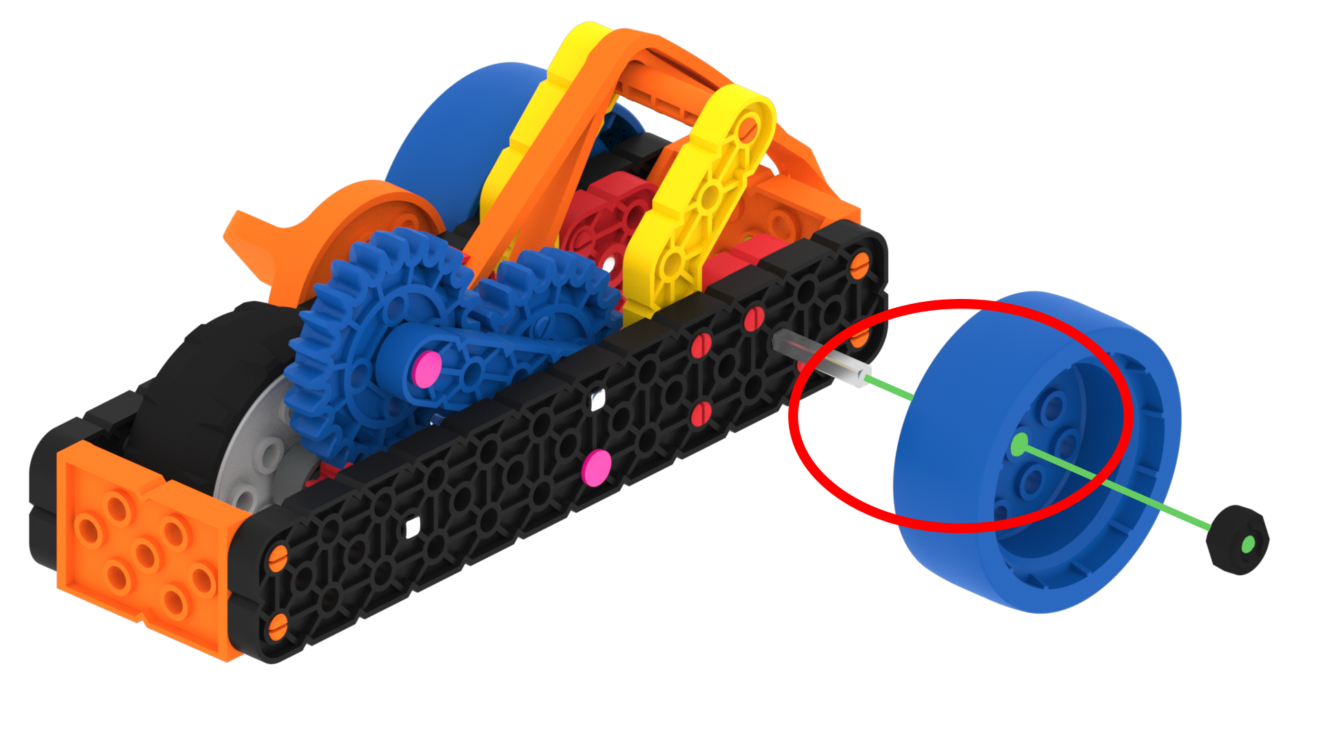 Diagrama de una rueda azul que se coloca sobre una pieza de eje de metal con un collar de eje colocado después de la rueda.