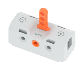 Peça de interruptor VEX GO, com uma ranhura para um cabo e uma alavanca que pode controlar o sentido de rotação.