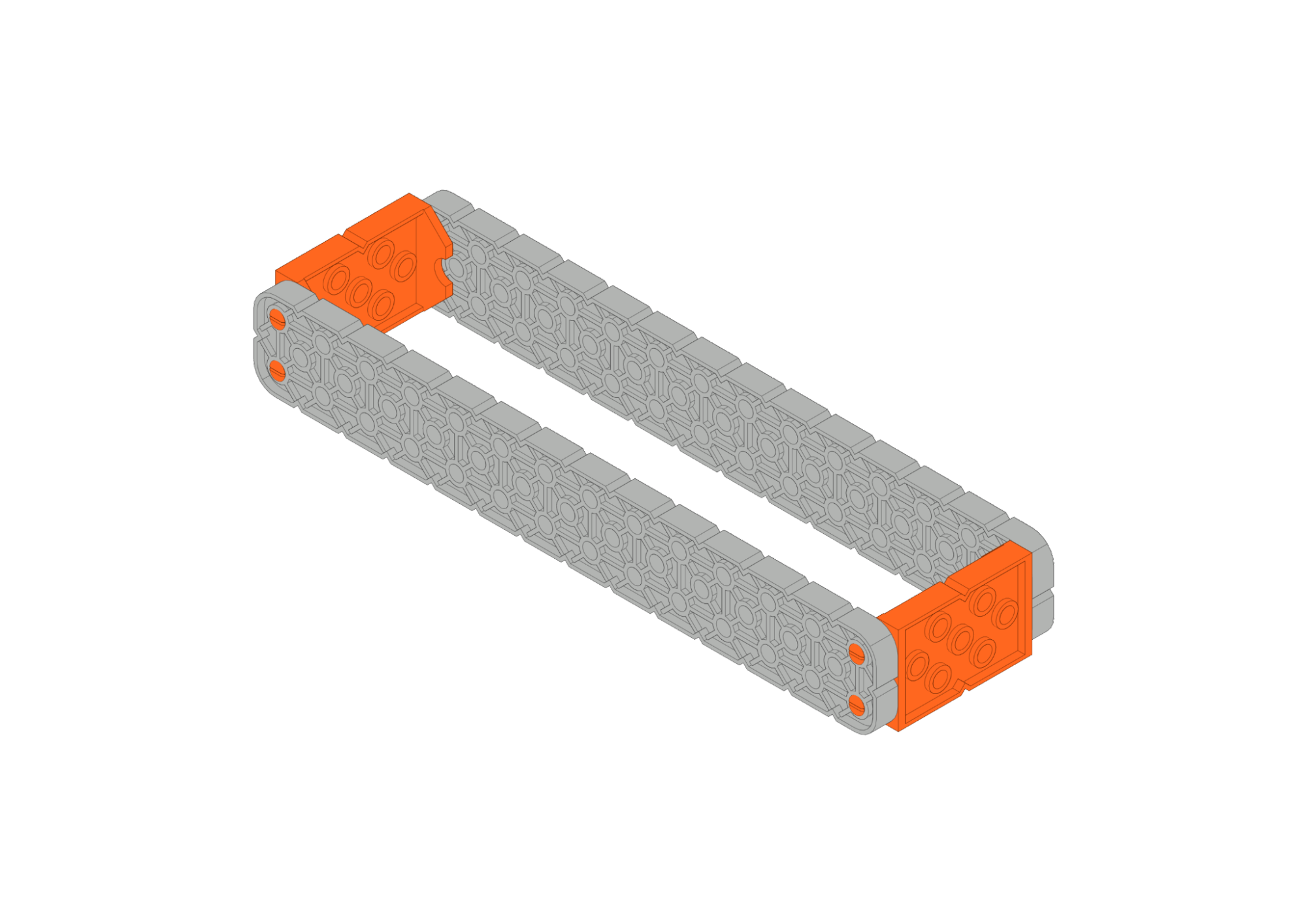 Schema di due pezzi di Large Beam collegati tramite due connettori arancioni, mostrato come apparirebbe in un set di istruzioni di montaggio.