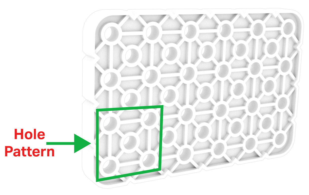 Diagram potongan Pelat Putih Besar, dengan tanda panah yang menunjuk ke deretan lubang bergantian dan memberi label Pola Lubang pelat sebagai serupa dengan pola Balok Besar.