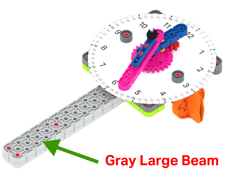 VEX GO pulksteņa konstrukcijas diagramma ar bultiņu, kas norāda uz tā rokturi un apzīmē to kā pelēku liela stara gabalu.