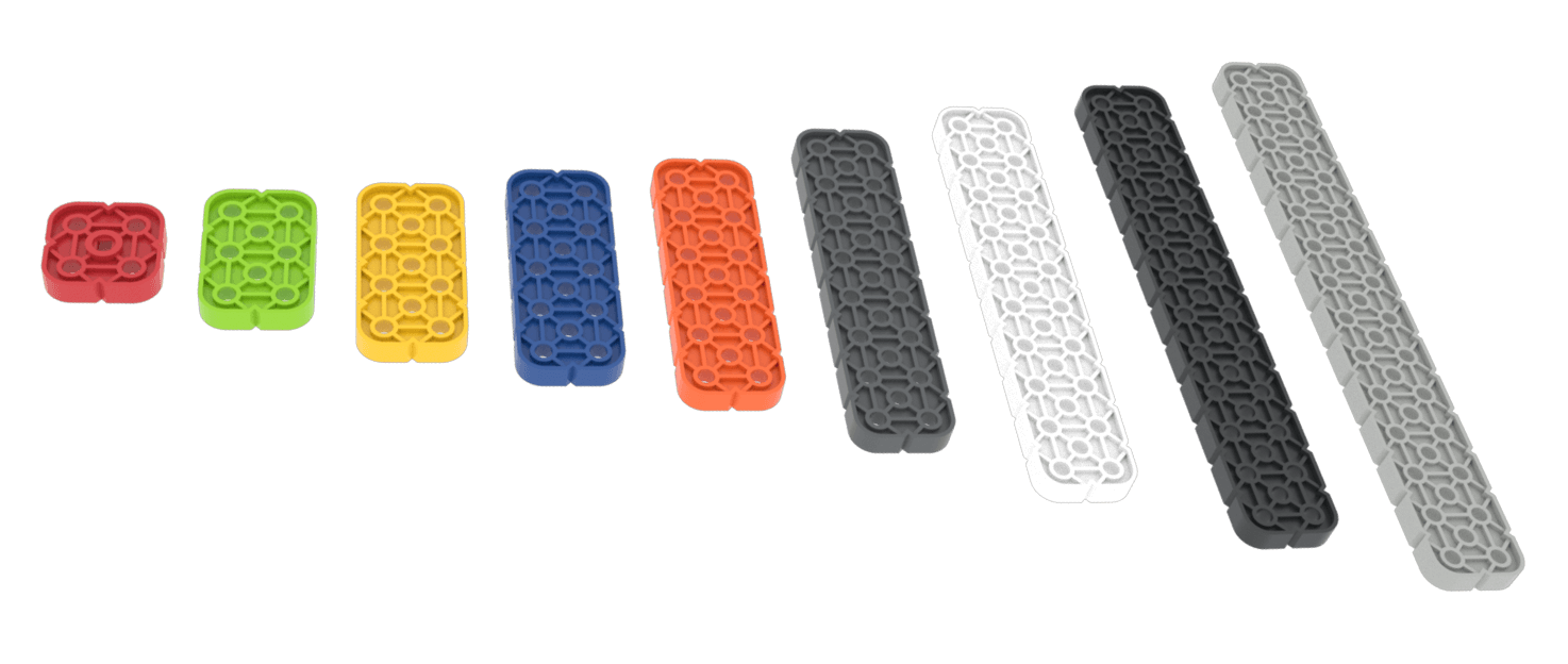 VEX GO কিটের সমস্ত লার্জ বিম টুকরোর চিত্র।