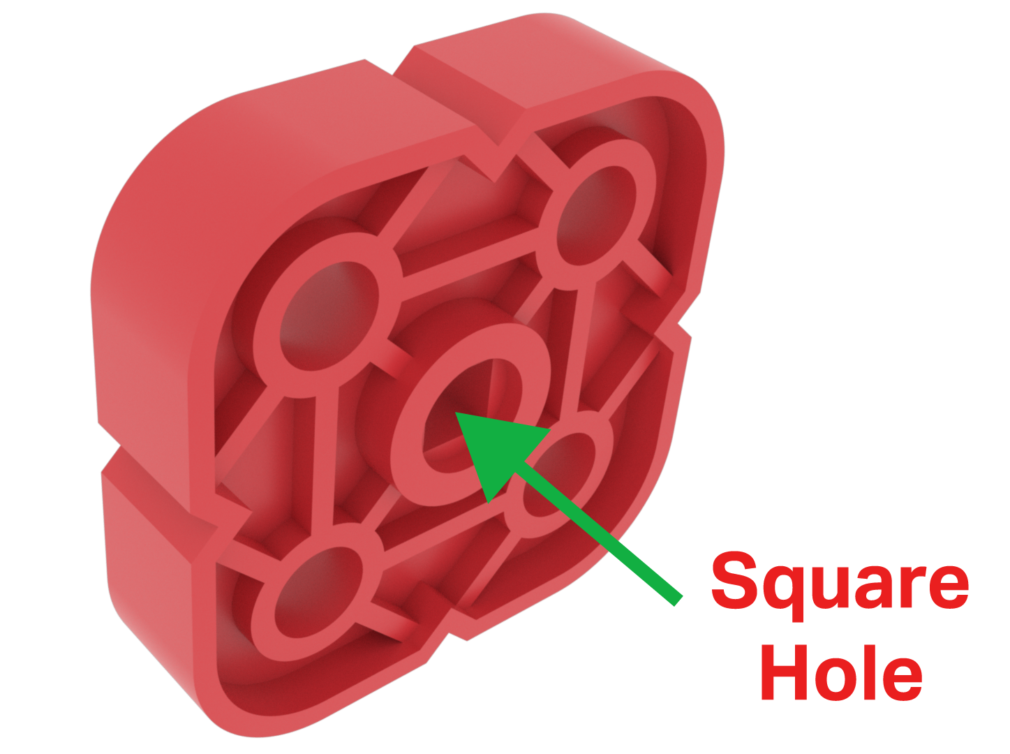 Diagrama de una pieza de Viga Cuadrada Roja, con una flecha apuntando y etiquetando el agujero en su centro como un Agujero Cuadrado.