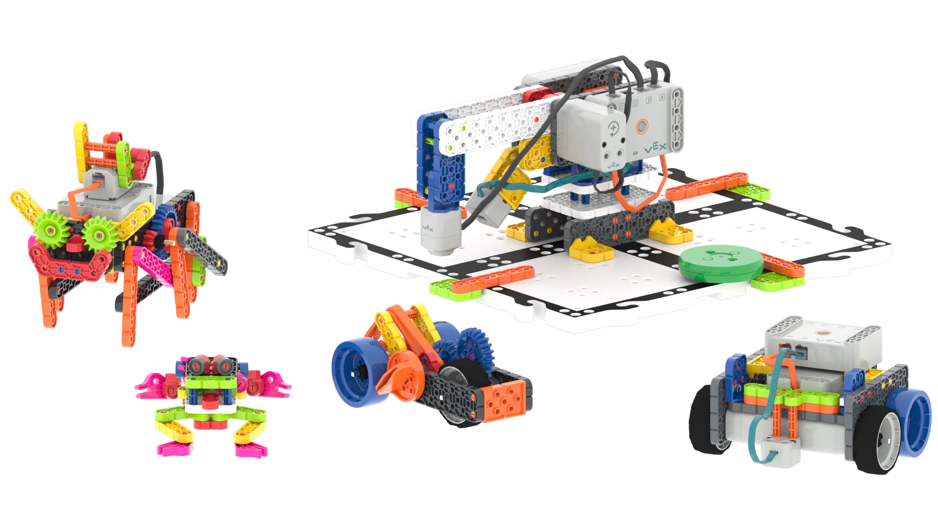 ไดอะแกรมของ VEX GO Build หลายรายการที่สร้างจากคาน แผ่น และชิ้นส่วน VEX GO อื่นๆ