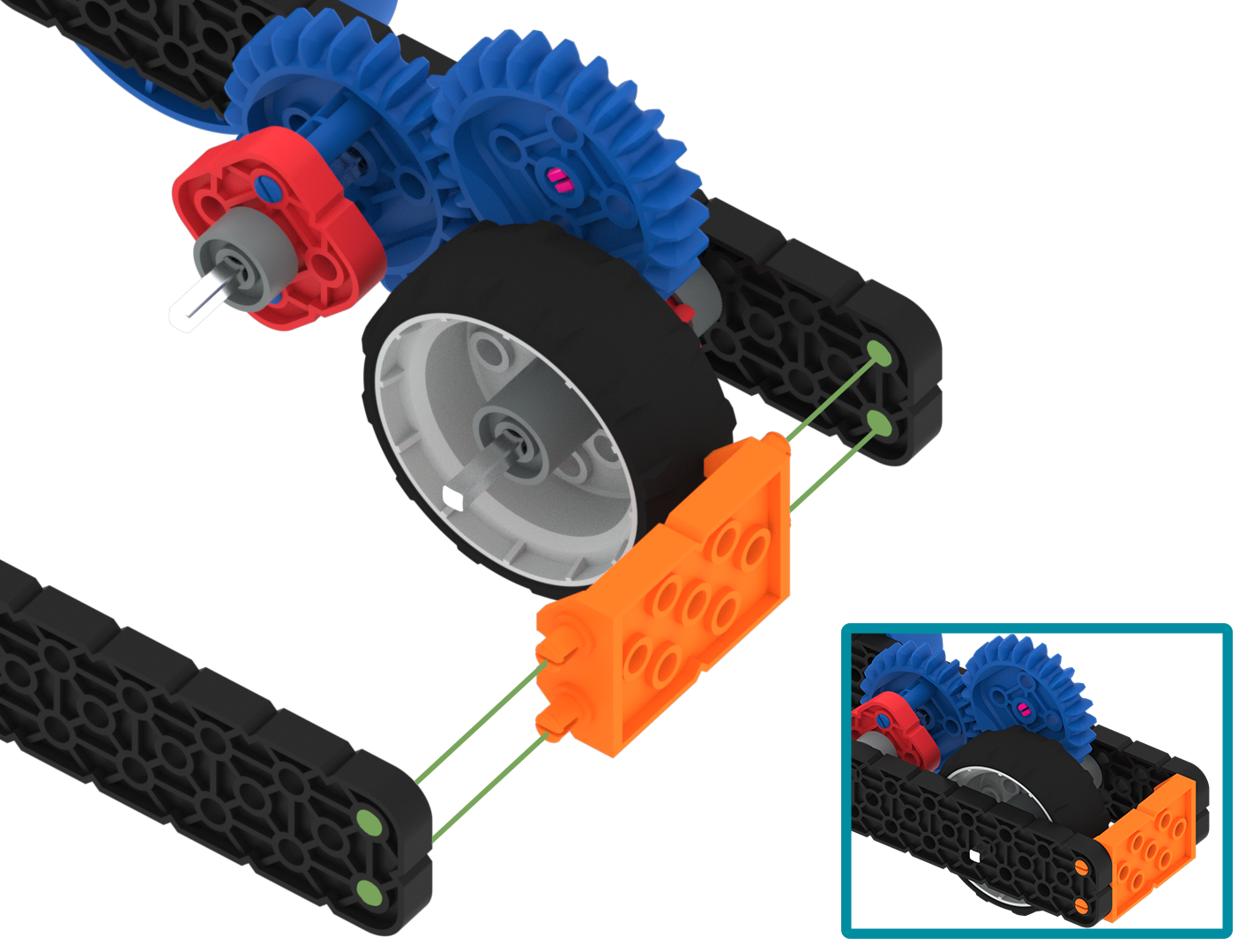 Diagramm eines VEX GO-Supercar-Baus mit hervorgehobenem orangefarbenen Verbinder, der zwei große schwarze Balken verbindet.