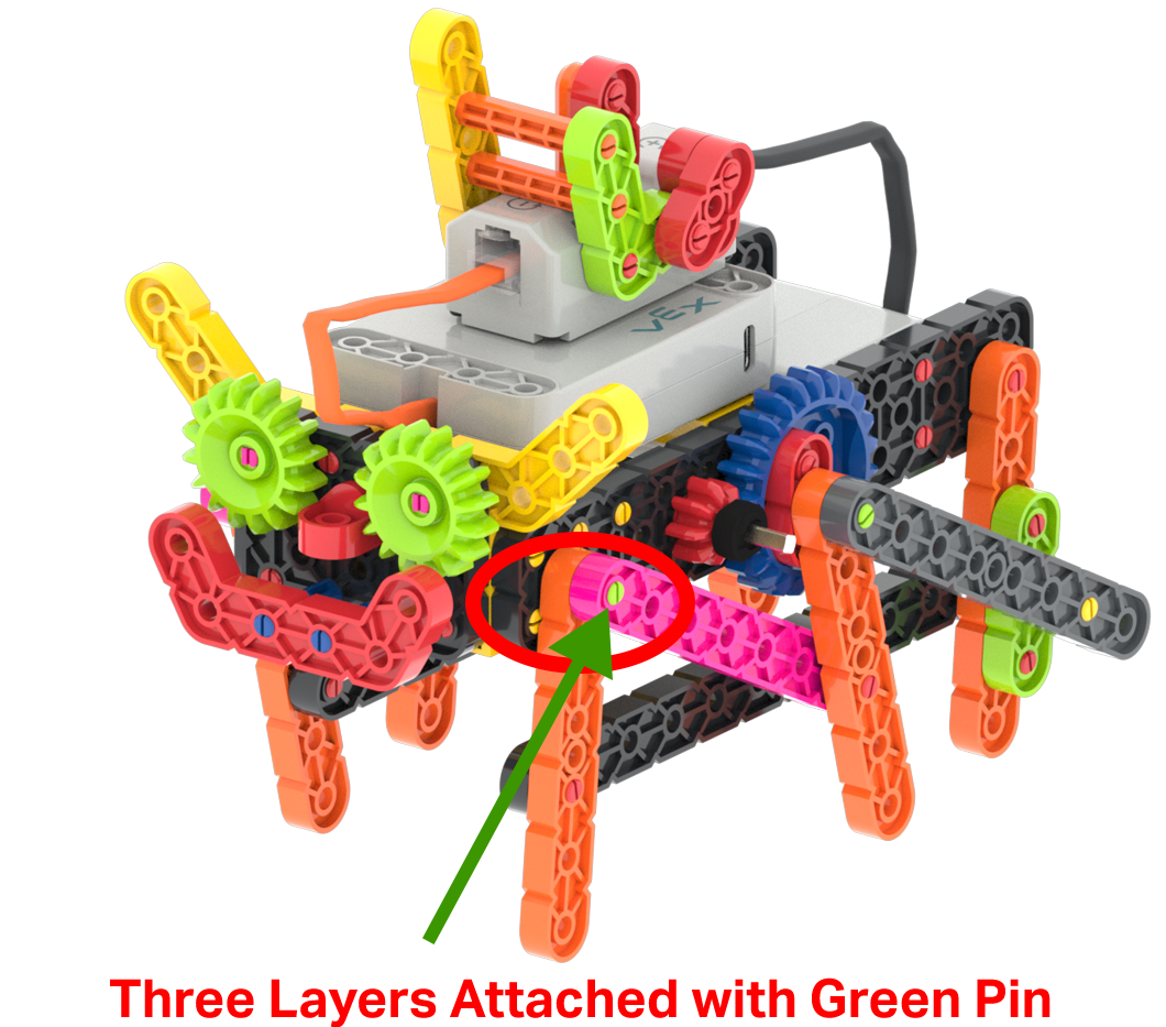 Diagrama de la construcción del VEX GO Crawler con una de sus uniones marcada con un círculo y con tres capas de piezas unidas con un pin verde.