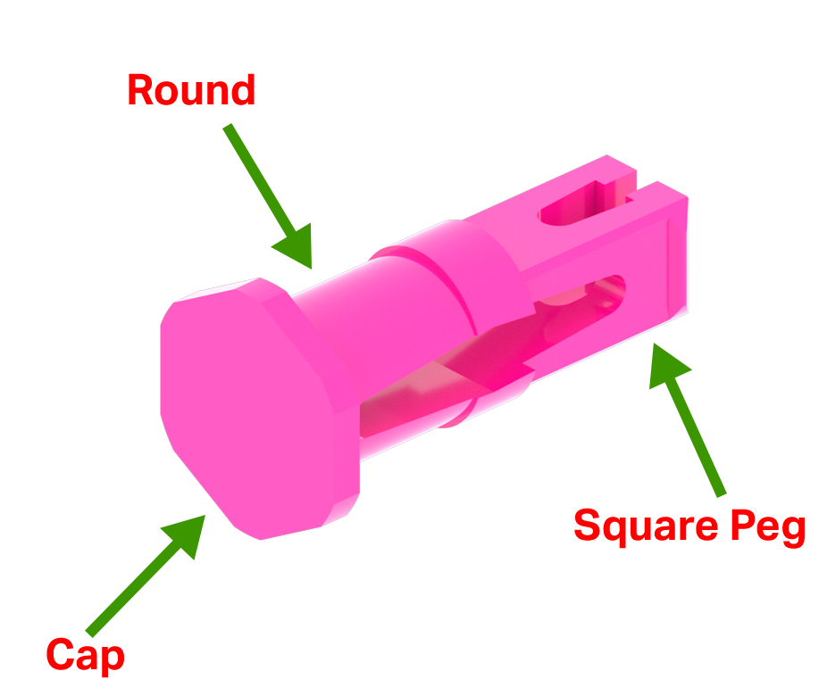 Diagrama de una pieza de clavija rosa, con etiquetas que demuestran que tiene una sección que es una clavija cuadrada, una sección que es una clavija redonda y luego una tapa en el extremo.