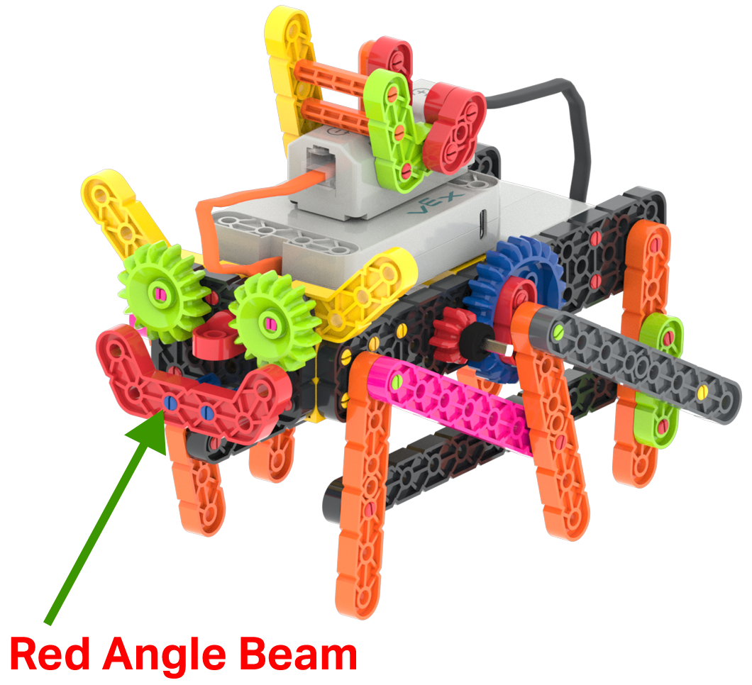 Sơ đồ mô hình xe VEX GO Crawler với mũi tên chỉ vào miệng và ghi chú là mảnh Red Angle Beam.