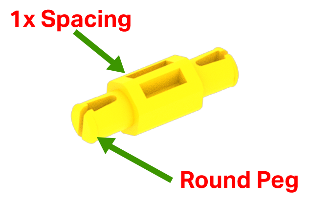 Diagram bagian Standoff Kuning, dengan label yang menunjukkan bagian tersebut memiliki Pasak Bundar di kedua sisi bagian Jarak yang setebal satu bagian plastik.