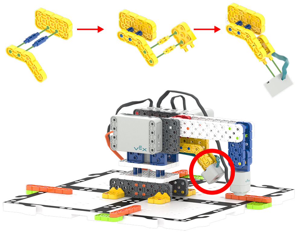 Diagram Lengan Robot VEX GO yang dibuat dengan bagian Standoff pada sensor mata yang disorot dalam lingkaran merah.