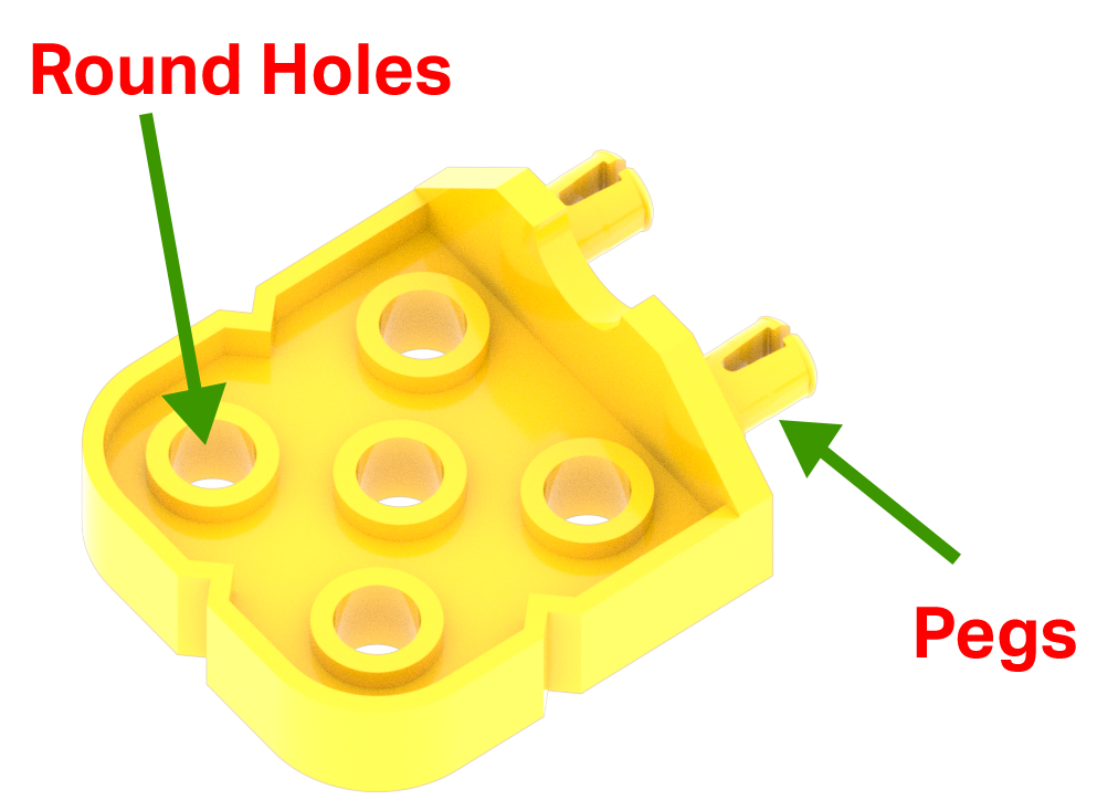 Diagrama de una pieza de conector amarillo, con etiquetas que demuestran que tiene dos clavijas redondas desplazadas 90 grados desde 5 orificios redondos.