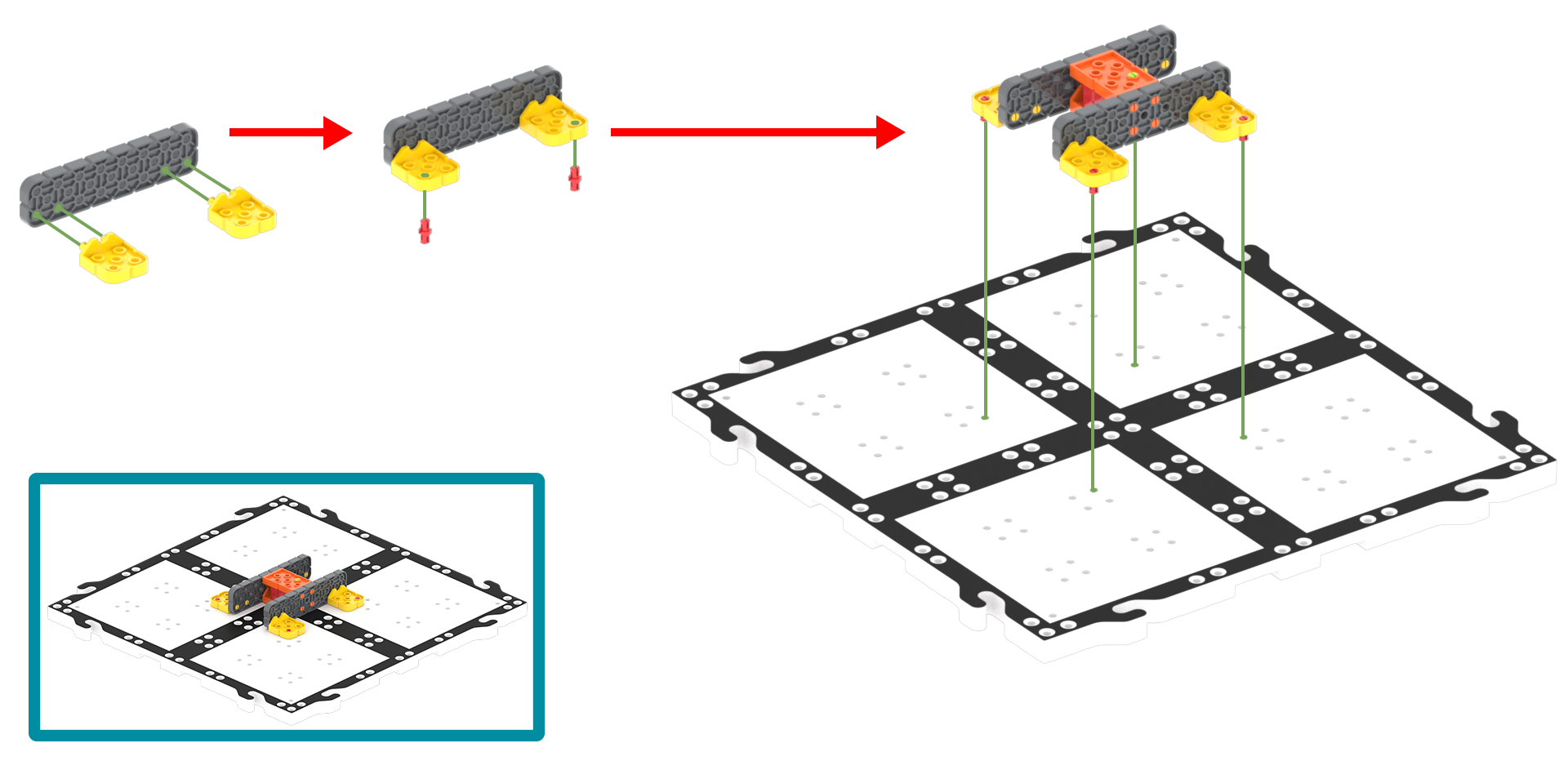 Diagrama de conectores amarillos que se utilizan para unir una construcción VEX GO en un ángulo de 90 grados a un cuadrado de mosaicos de campo.