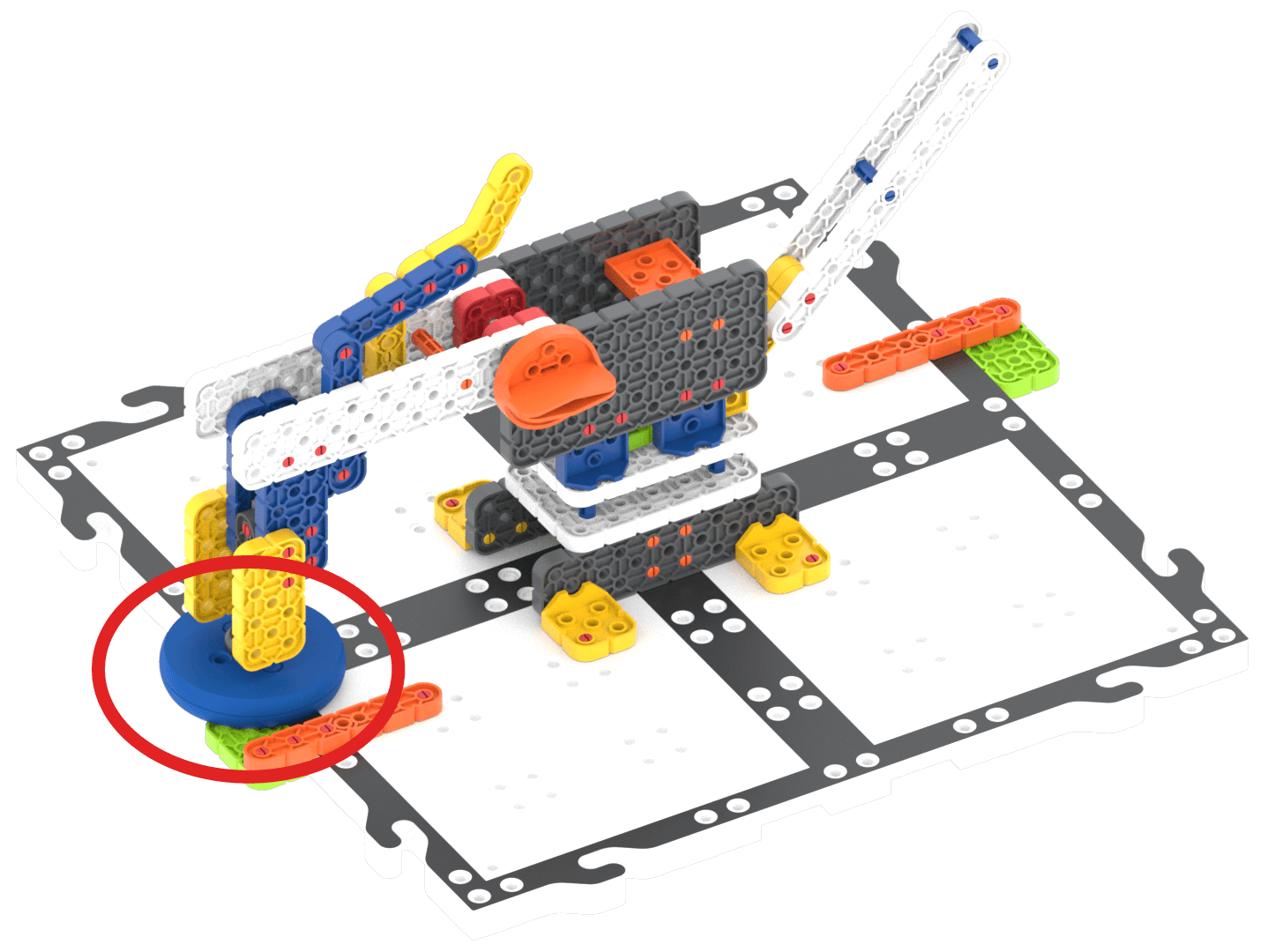 Diagramm des Aufbaus des VEX GO-Roboterarms mit der Armscheibe in einem roten Kreis.