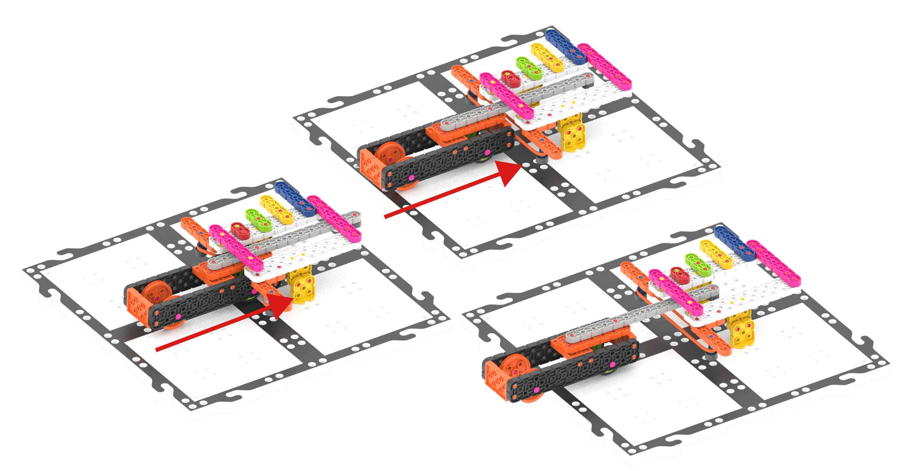 Diagramm des VEX GO Slingshot-Autos mit einem Pfeil, der anzeigt, dass die Kraft des Gummibandstücks das Auto vorwärts treibt.