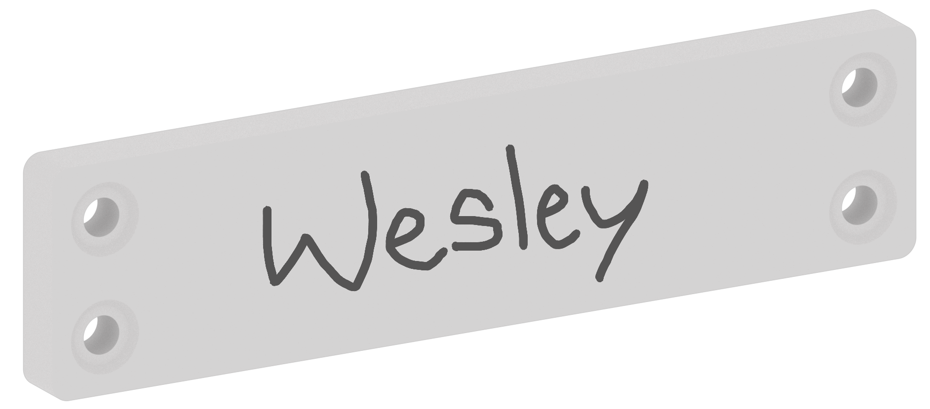 Naamplaatje uit de VEX GO Kit, met de naam Wesley erop geschreven als voorbeeld.