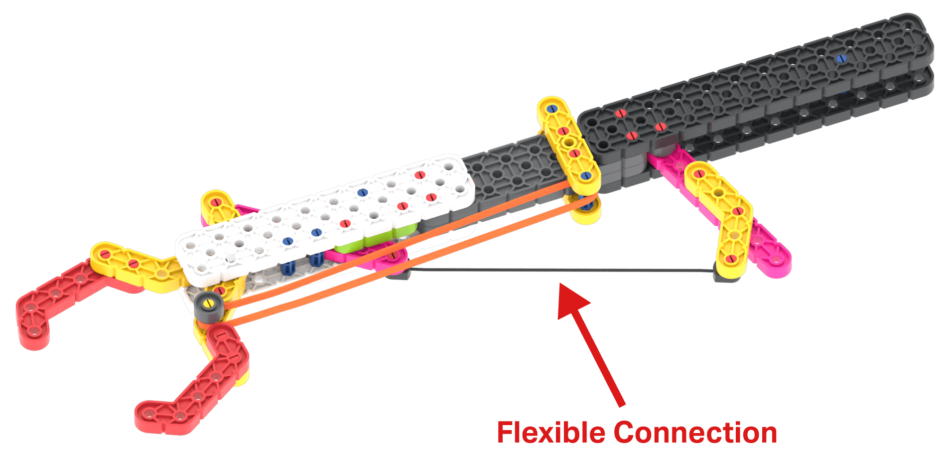 VEX GO adaptācijas spīles konstrukcijas diagramma ar īso virves gabalu izceltu un marķētu kā elastīgu savienojumu.