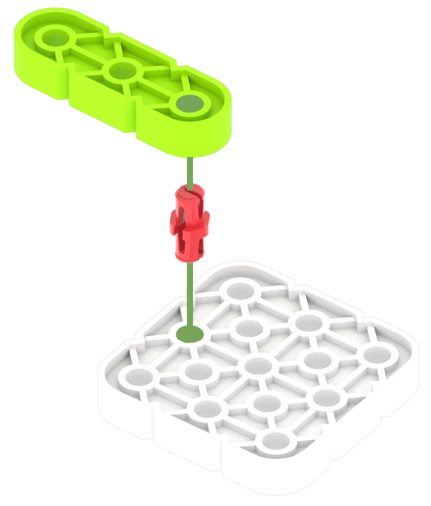 Schema van een rood pinstuk dat een groene balk met een witte plaat verbindt door de pinnen door de ronde gaten van de stukken te steken.