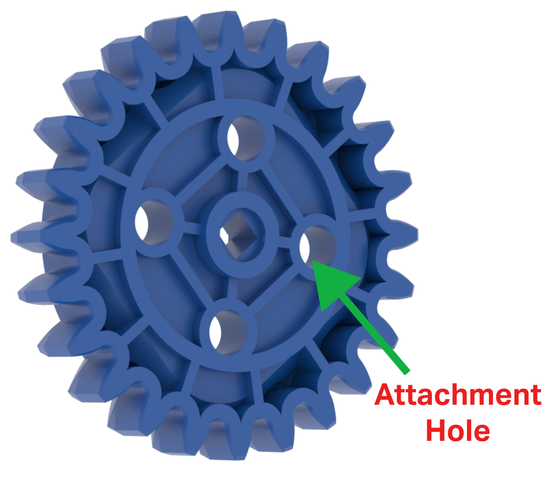 Diagramm des blauen Zahnradteils, das zeigt, dass es insgesamt 5 Löcher hat. Alle Löcher sind rund, mit Ausnahme des mittleren Lochs, das quadratisch ist und für die Radachse gedacht ist.
