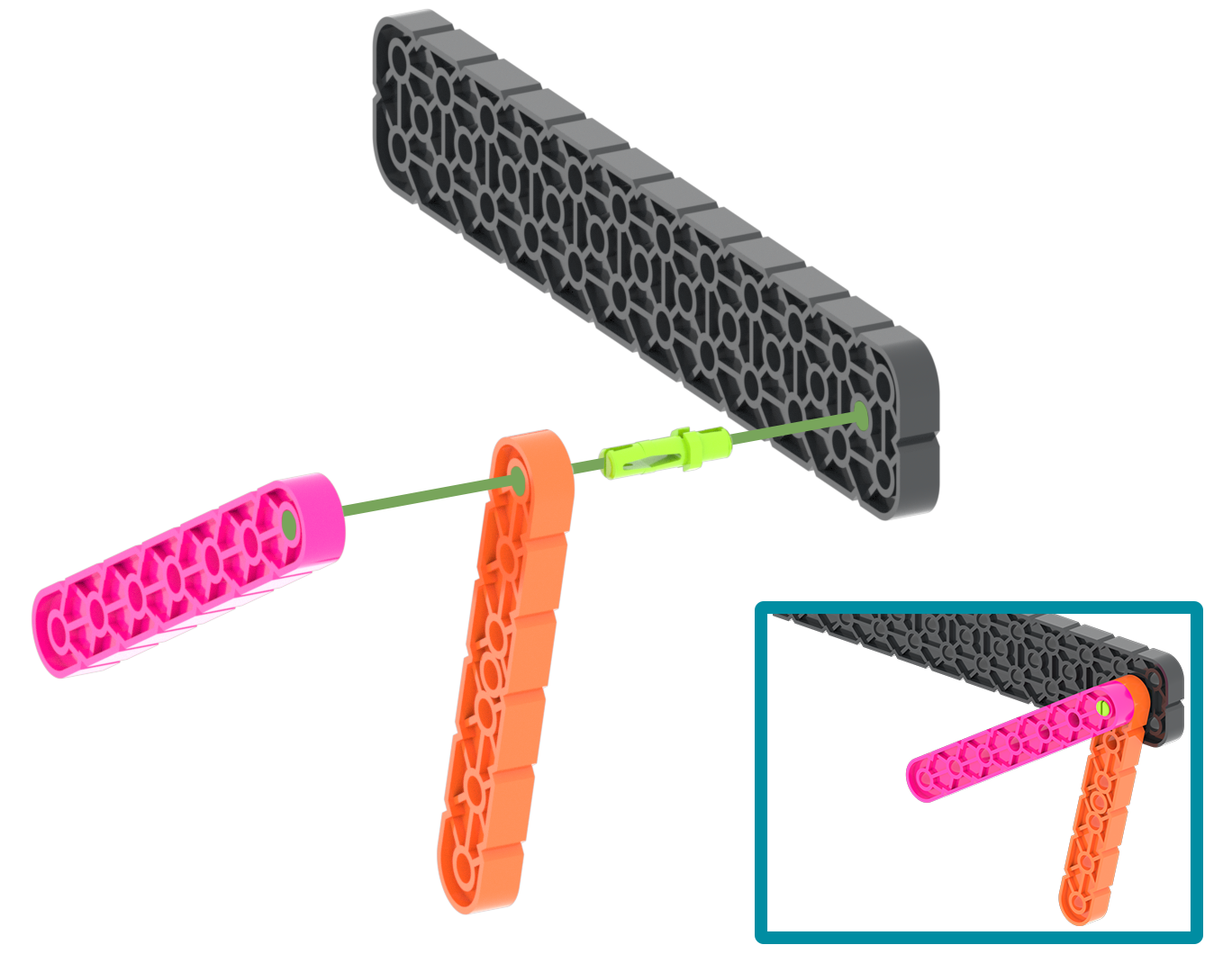 Schéma de trois pièces de poutre attachées à une pièce de broche verte.