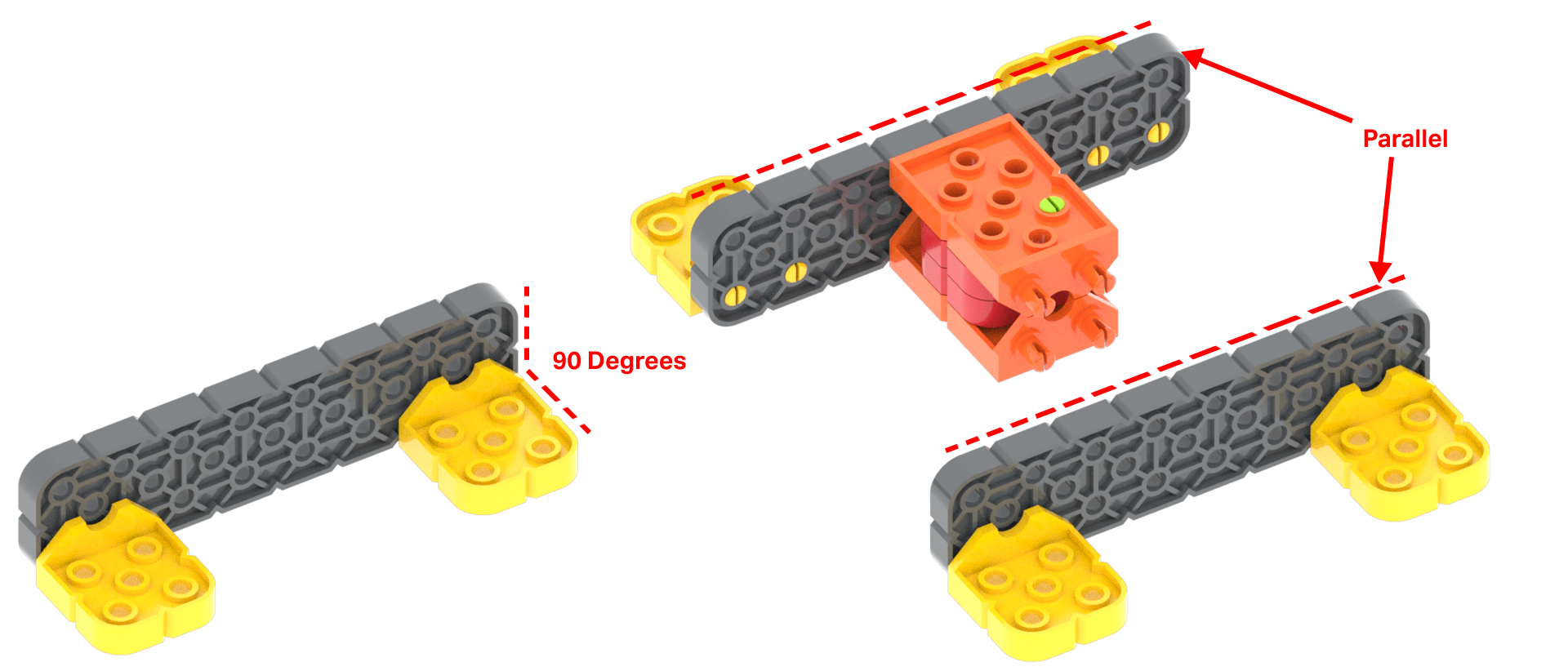 Diagram, amely bemutatja a csatlakozók használatát az elemek párhuzamos vagy 90 fokos szögben történő összekapcsolására.