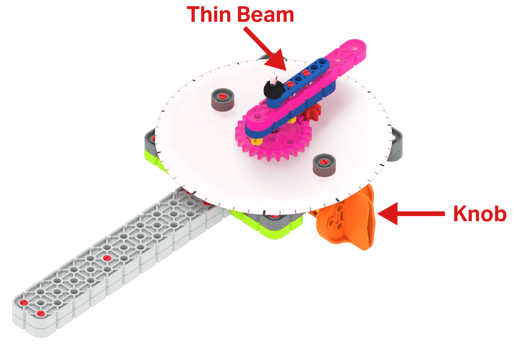 رسم تخطيطي لساعة VEX GO مع ملصق يشير إلى قطع Thin Beam وKnob المضمنة في البناء.